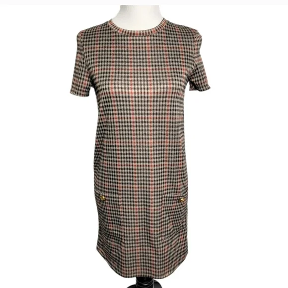 Zara Houndstooth Trafaluc Brown Black Red SHIFT Dress Size Small Polyester - Picture 5 of 16